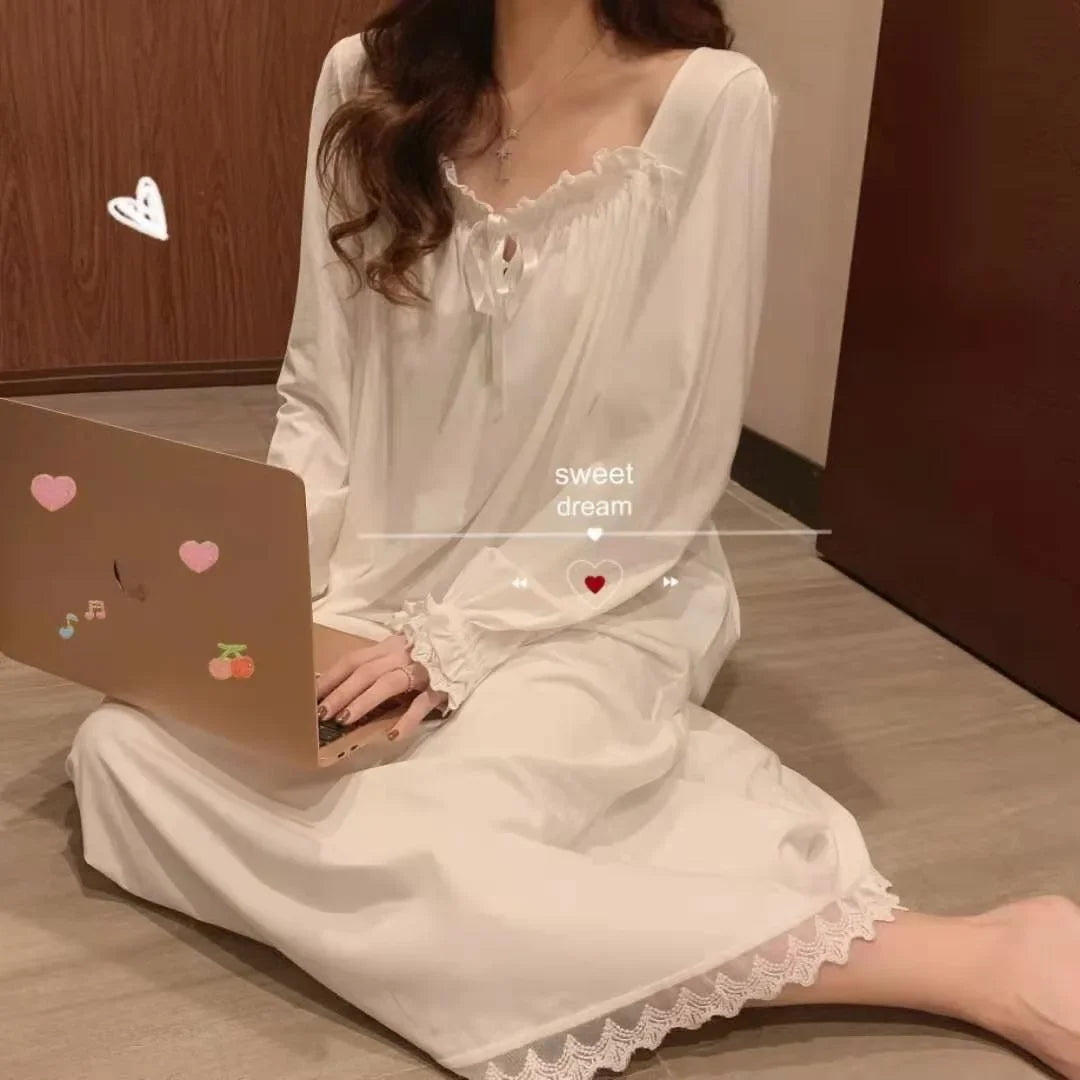 Long Sleeve Princess Style Nightdress Women's Pajamas Lace Palace Korean Version Loose Plus Size 2024 New Homewear Birthday Gift