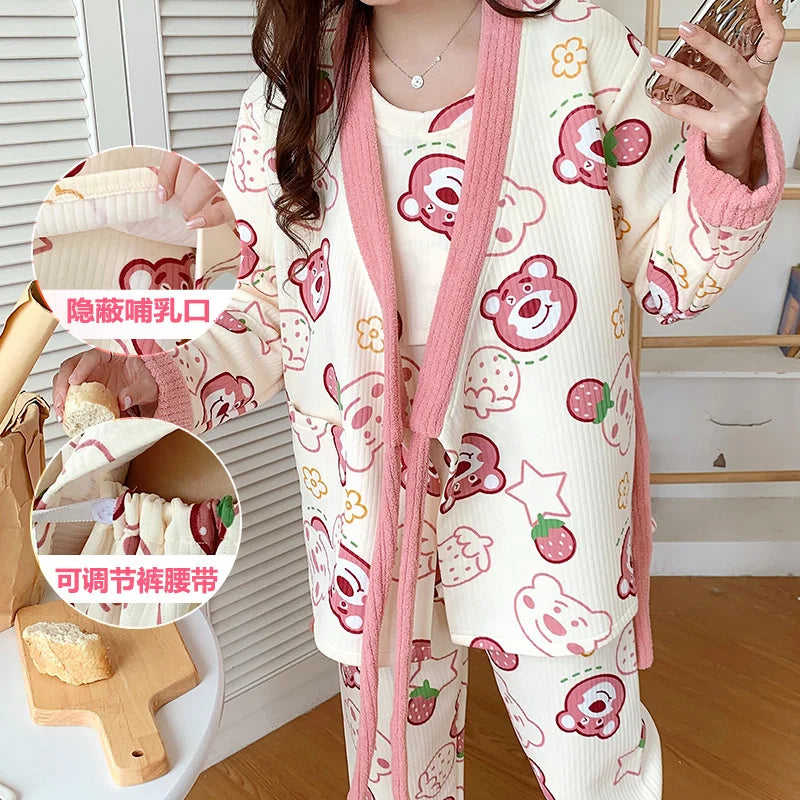 Autumn &Winter Lactation Period Breastfeeding Clothes Cotton Postpartum Clothing 2/3pcs Set Pregnant Women's Pajamas