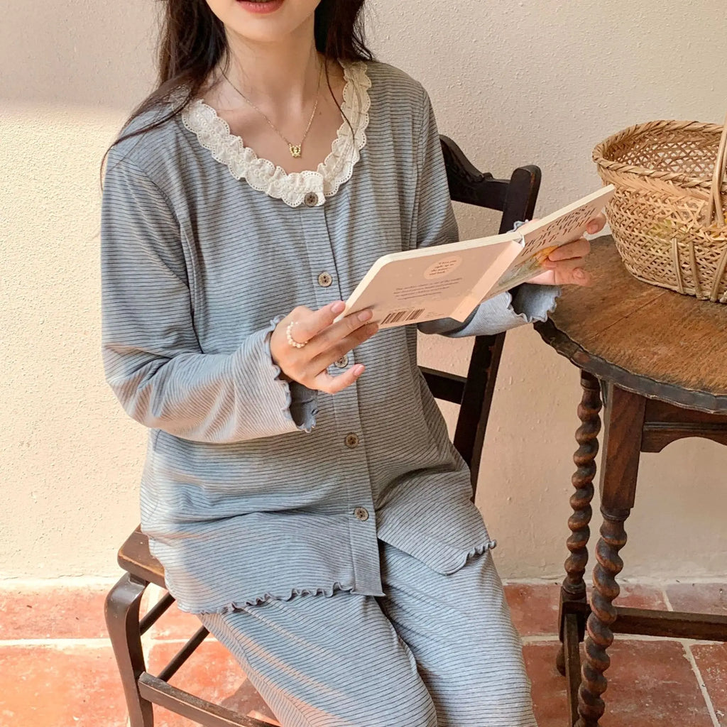 Maternity Sleep Suit O-Neck Lace Pijamas for Pregnant Women Loose Sleepwear for Winter Autumn Comfortable Maternity Nightgown