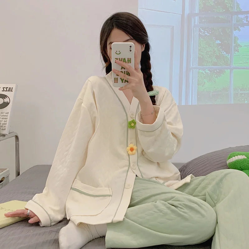 Autumn &Winter Lactation Period Breastfeeding Clothes Cotton Postpartum Clothing 2/3pcs Set Pregnant Women's Pajamas
