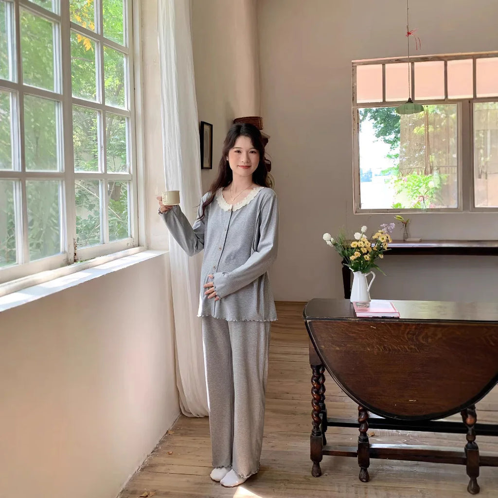 Maternity Sleep Suit O-Neck Lace Pijamas for Pregnant Women Loose Sleepwear for Winter Autumn Comfortable Maternity Nightgown