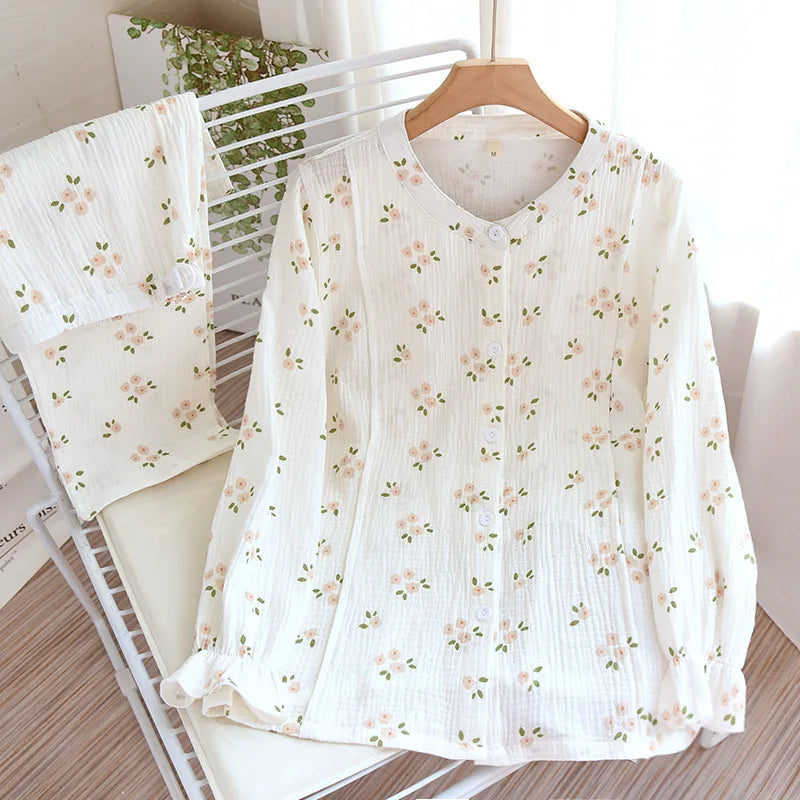 100% Crepe Cotton Pajama Set for Women Soft Breathable Maternity Loungewear Cute Floral Nursing Sleepwear Long Sleeve Pjs Floral