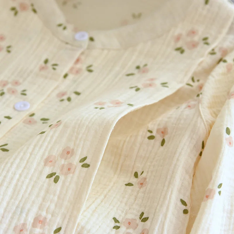100% Crepe Cotton Pajama Set for Women Soft Breathable Maternity Loungewear Cute Floral Nursing Sleepwear Long Sleeve Pjs Floral