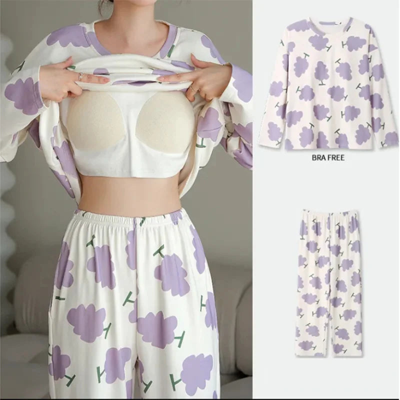 Nursing Pregnant Women's Clothing Set Large Size Spring Fall Winter Long-Sleeved Pajamas with Chest Pads Loose Monthly Homewear